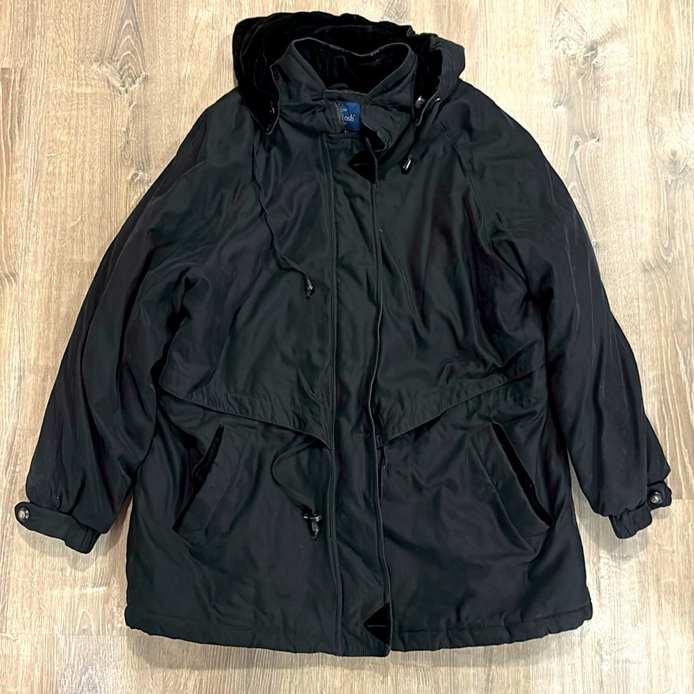 Vintage Mackintosh New England Black Winter Coat Velvet Velour Accents